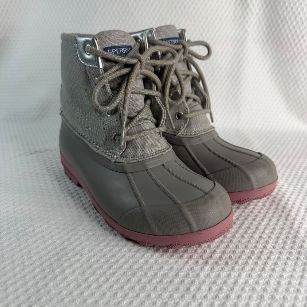 Sperry Port Boot Girls Grey Pink Silver Duck Boots Rain Boots Kids Girls Size 2M
